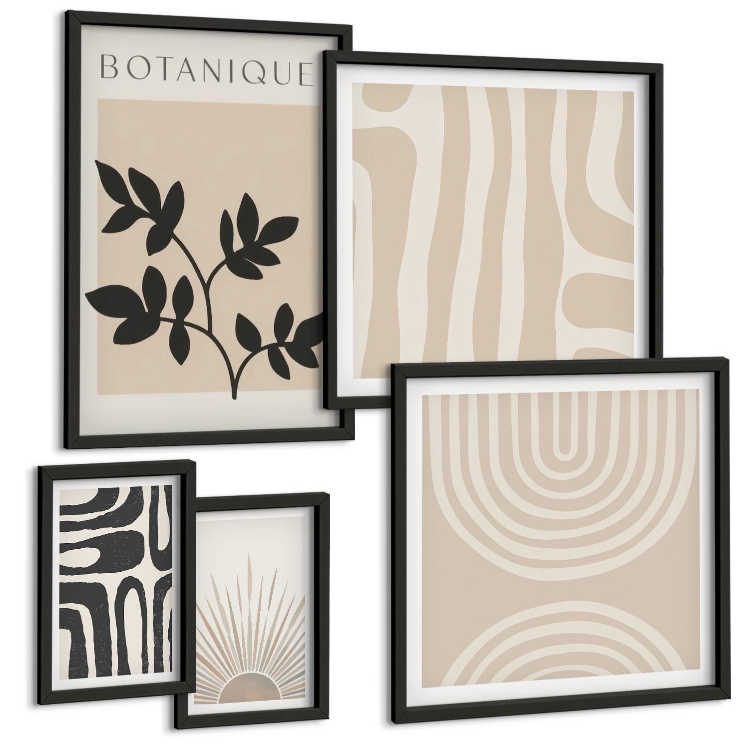 BILDER SET 5er Set - 50x50 cm & 20x30 cm & 40x60 cm Schwarzer Rahmen - Abstrakte Pflanzenmuster - Schwarz, Kunststoff (40/60cm) - TULUP