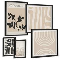BILDER SET 5er Set - 50x50 cm & 20x30 cm & 40x60 cm Schwarzer Rahmen - Abstrakte Pflanzenmuster - Schwarz, Kunststoff (40/60cm) - TULUP