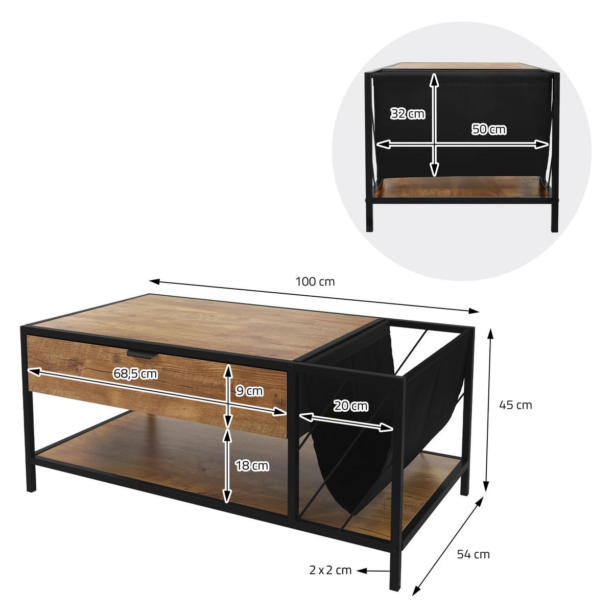 COUCHTISCH 100x54x45 cm Braun-Eiche aus Holz mit Metallgestell - Braun, Metall (54/100/45cm) - ML-DESIGN