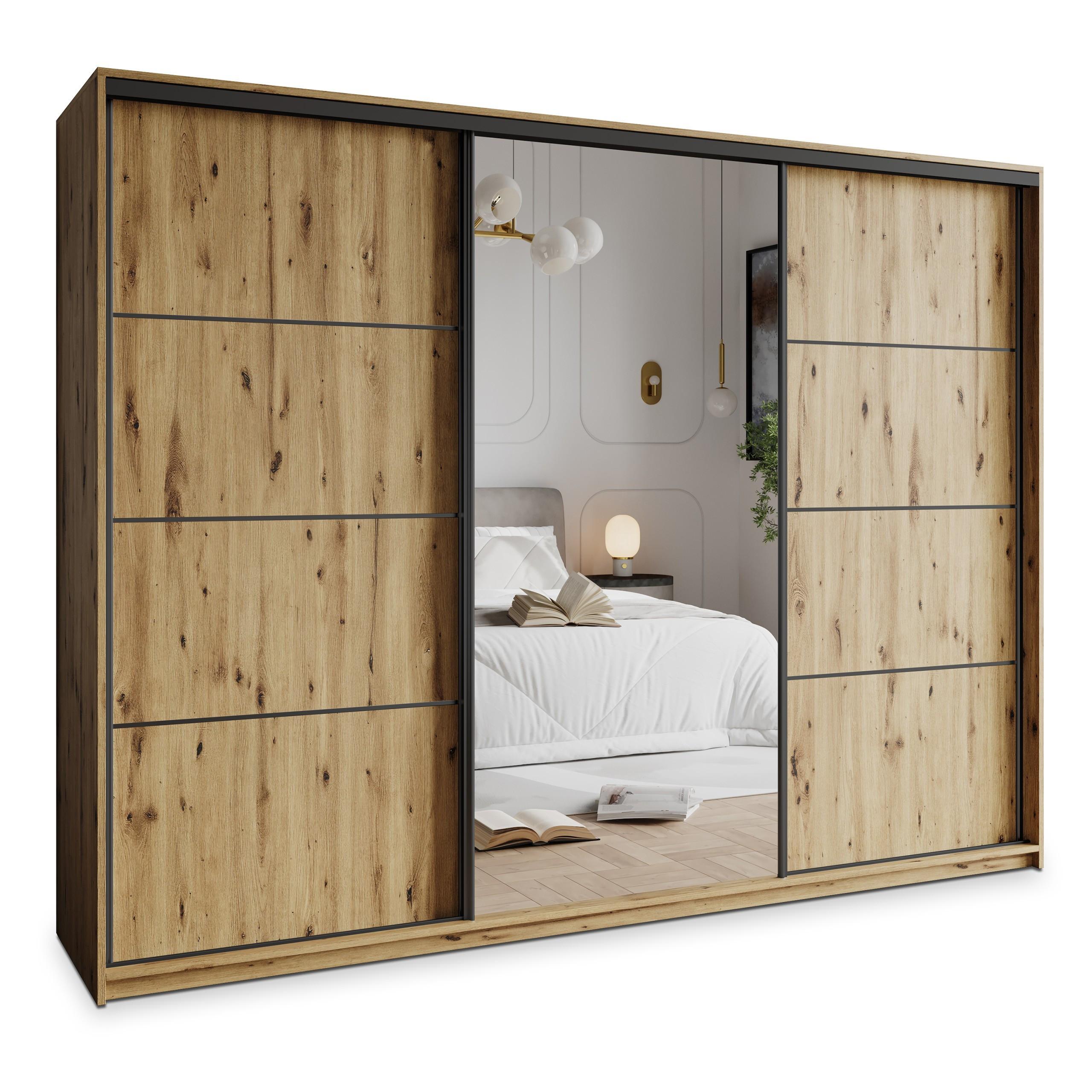 SCHWEBETÜRENSCHRANK VARO 250/205/60 cm 3-türig mit Spiegel und Schubladen Eiche Artisan - Schwarz/Eiche Artisan, Holzwerkstoff (250/205/60cm) - MASSENO