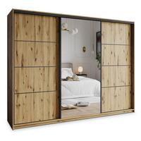 SCHWEBETÜRENSCHRANK VARO 250/205/60 cm 3-türig mit Spiegel und Schubladen Eiche Artisan - Schwarz/Eiche Artisan, Holzwerkstoff (250/205/60cm) - MASSENO