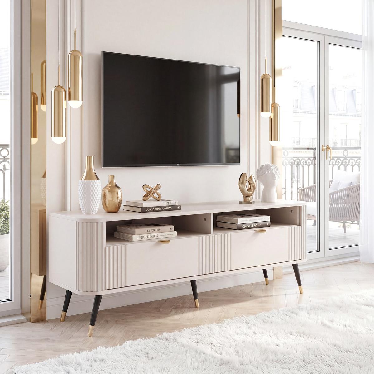 TV-SCHRANK AURA auf Füßen mit geriffelter Front - Beige, Holzwerkstoff (138/53/40cm) - Idohome