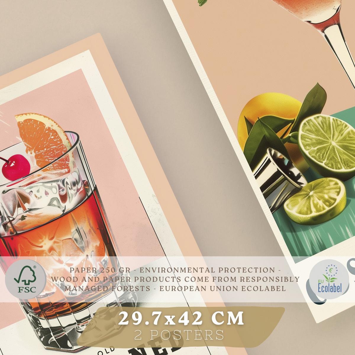 POSTER 2er Set Cocktail-Wandbilder Old Fashioned und Cosmopolitan Vintage Küche Bar Wanddeko Rahmenlos A3 - Klar, Papier (29.7/1/42cm) - Nacnic