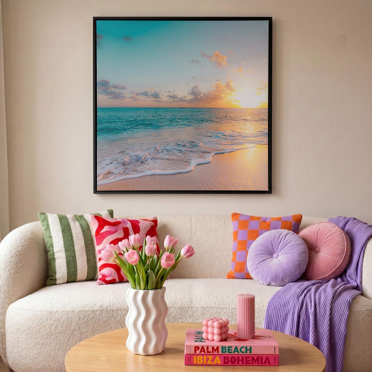 LEINWAND Bilder mit Rahmen - Sonnenuntergang - Strand - Meer - Sommer - Blau - 90x90 - Multicolor, Textil (90/90cm) - MuchoWow