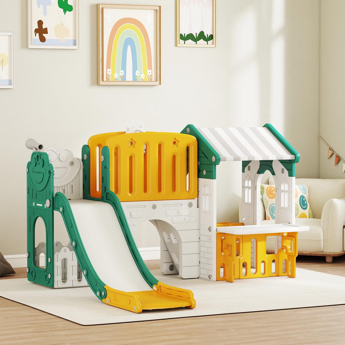 KINDERRUTSCHE 7 in 1 mit Klettergerüst, Basketballkorb, Tunnel, Teleskop - Multicolor, Kunststoff (180/111/189cm) - AIYAPLAY