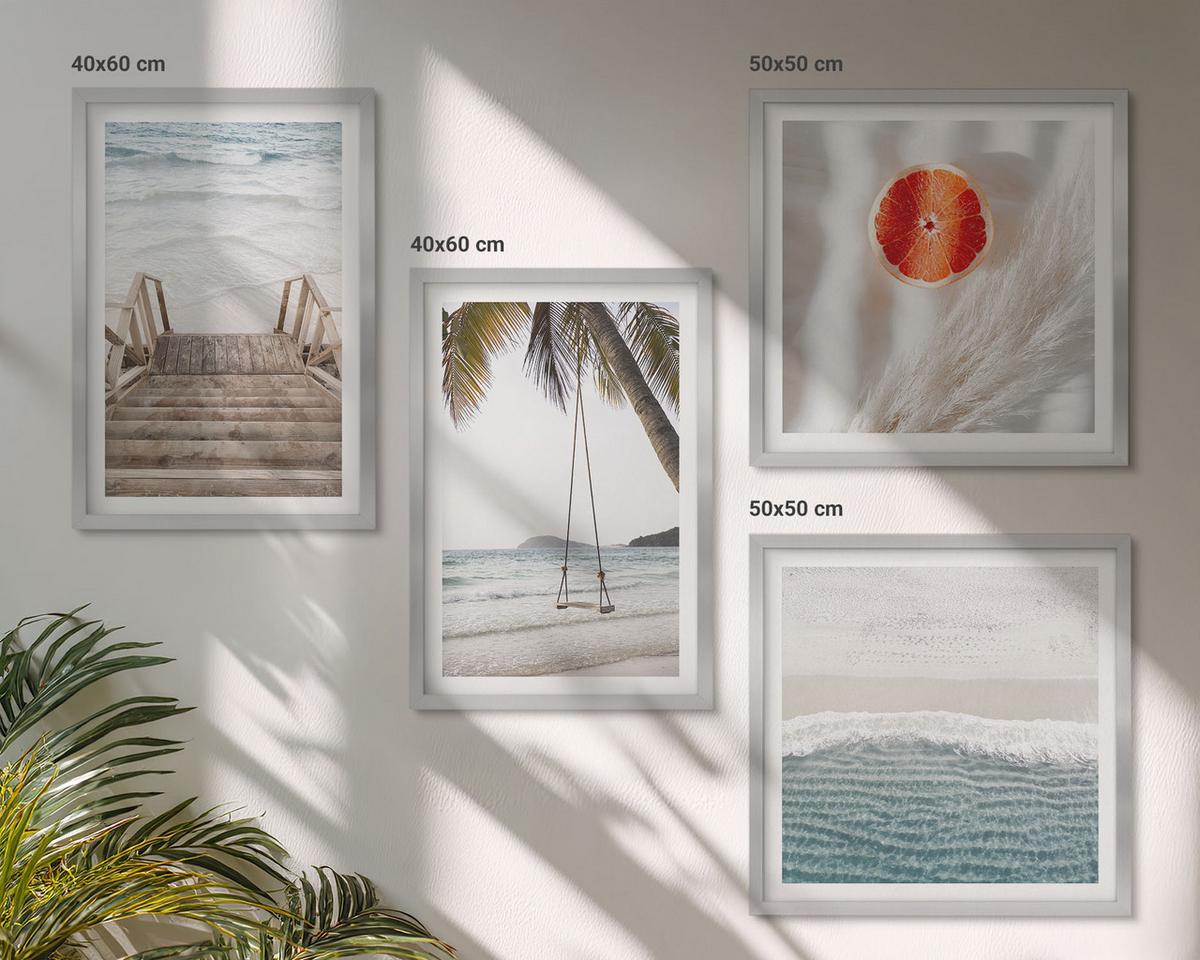 BILDER SET 4er Set - 50x50 cm & 40x60 cm Silberner Rahmen - Strandatmosphäre dank hölzerner Treppen. - Silberfarben, Kunststoff (50/50cm) - TULUP