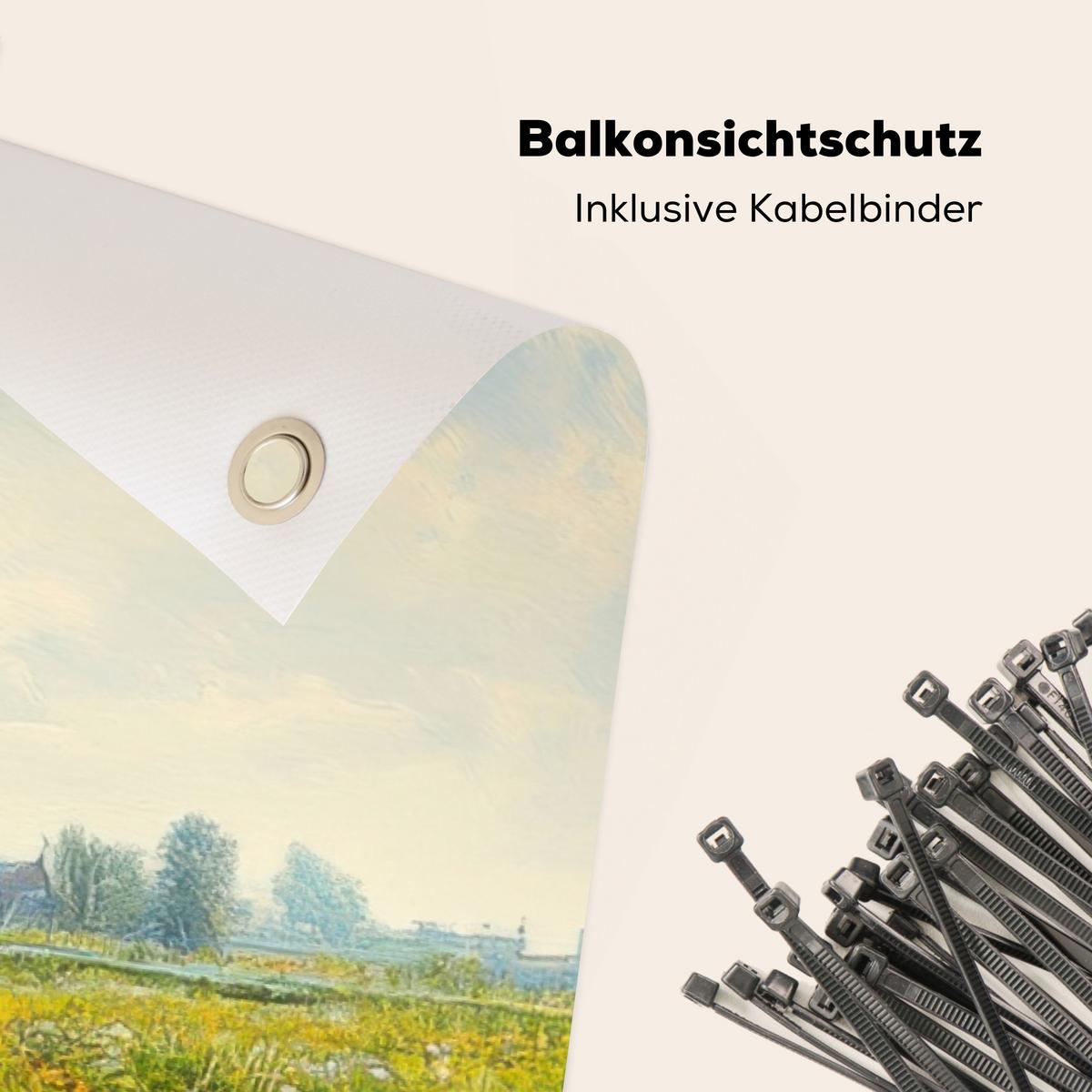 BALKON-SICHTSCHUTZ Kühe - Windmühle - Wiese - Blau Witterungsbeständig 200x110 cm - Grün, Kunststoff (200/110cm) - MuchoWow