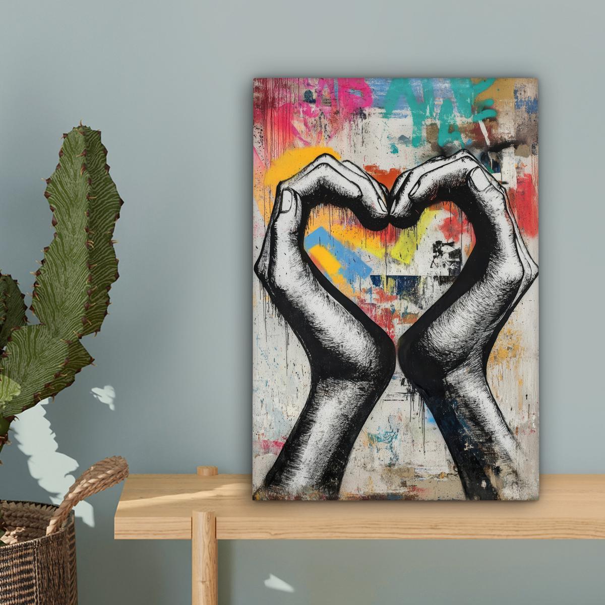 LEINWANDBILD Hände - Herz - Straßenkunst - Graffiti Deko Wohnzimmer 20x30 cm - Multicolor, Textil (20/30cm) - MuchoWow