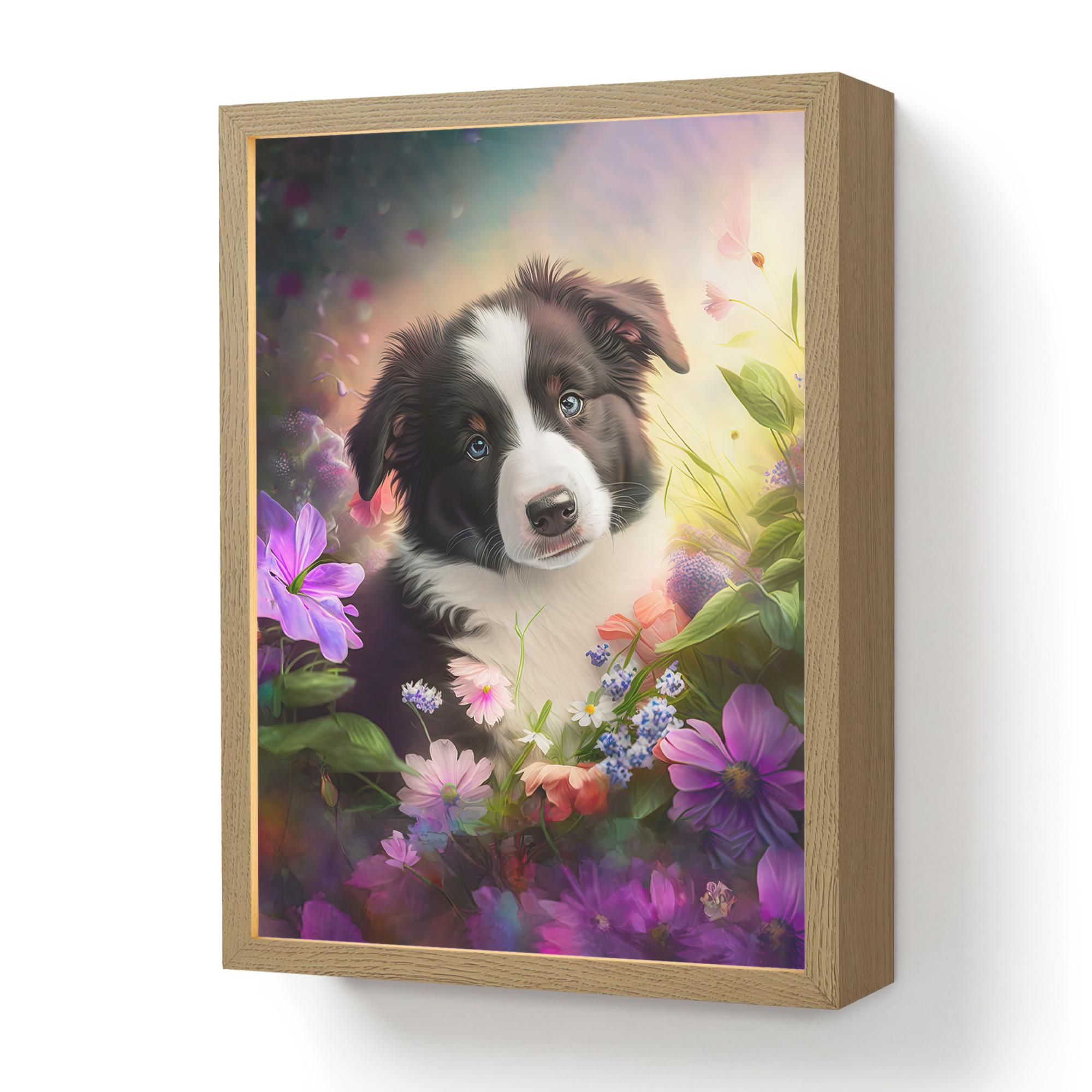 NACHTTISCHLAMPE MIT AKKU Welpe - Sonne - Blumen - Natur - Border Collie - Hund 30x40 cm - Violett, Holzwerkstoff (8/30/40cm) - OnlyWow
