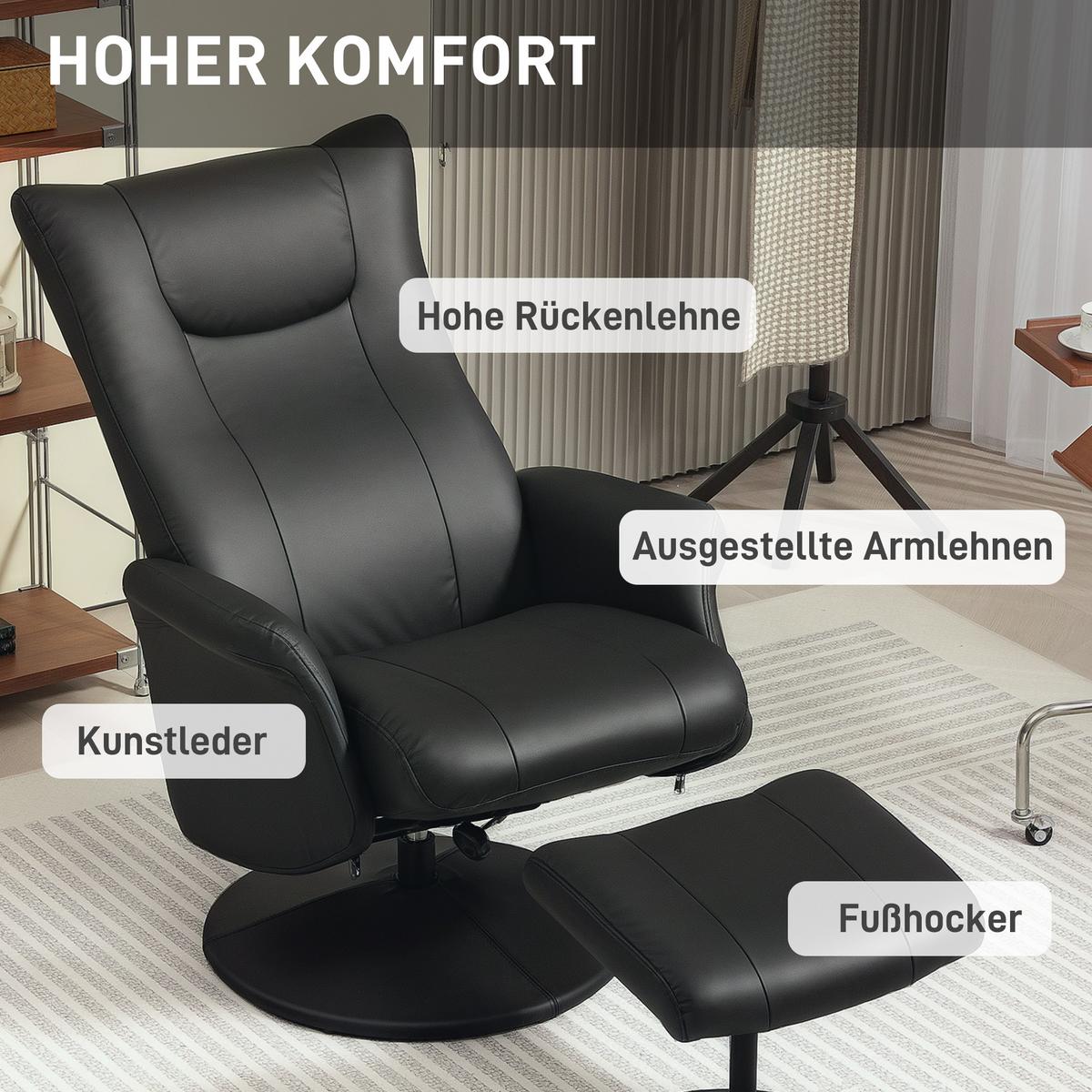 RELAXSESSEL mit Hocker 360°Drehbarer Fernsehsessel mit Liegefunktion Schwarz - Schwarz, Leder/Kunststoff (70/105/79cm) - HOMCOM