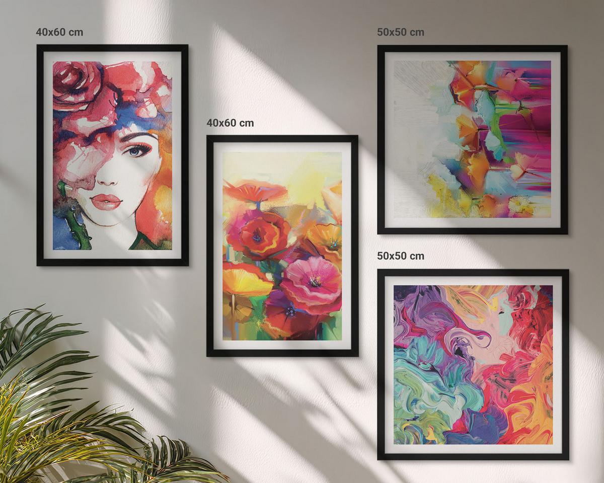 BILDER SET 4er Set - 50x50 cm & 40x60 cm Schwarzer Rahmen - Porträt von Blumen in intensiven Farben - Schwarz, Kunststoff (50/50cm) - TULUP
