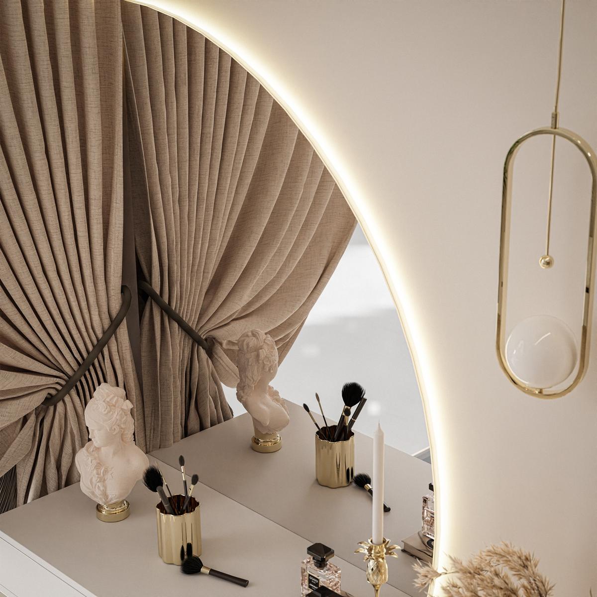 SCHMINKTISCH weiß QUINNIE mit LED-Spiegel gold Chrom rechts Griff Kristall - Goldfarben/Weiß, Holzwerkstoff (100/176/42cm) - Lookway