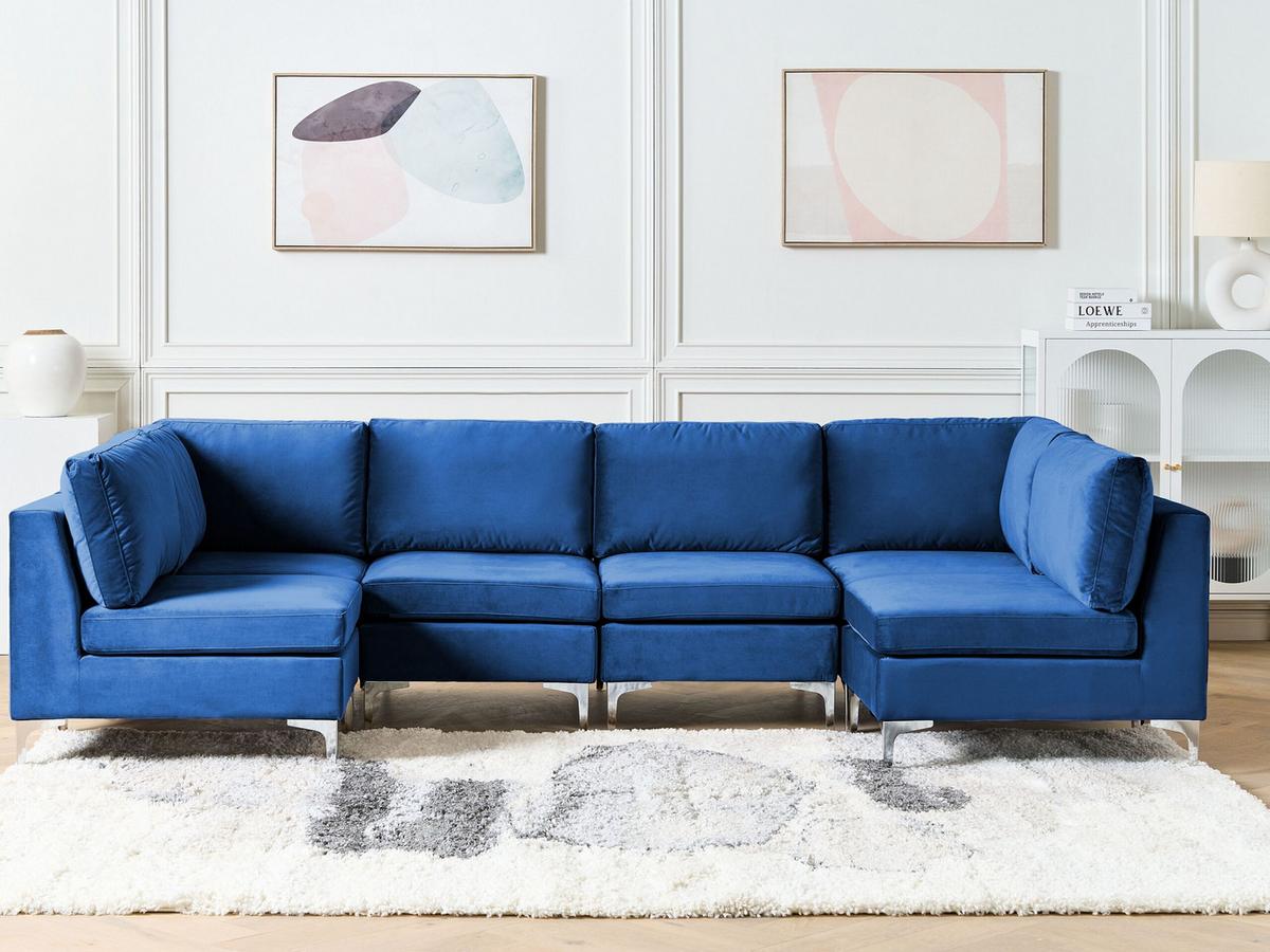 6-SITZER WOHNLANDSCHAFT U-förmig Samtstoff marineblau Evja - Blau, Textil (300/84/150cm) - Beliani