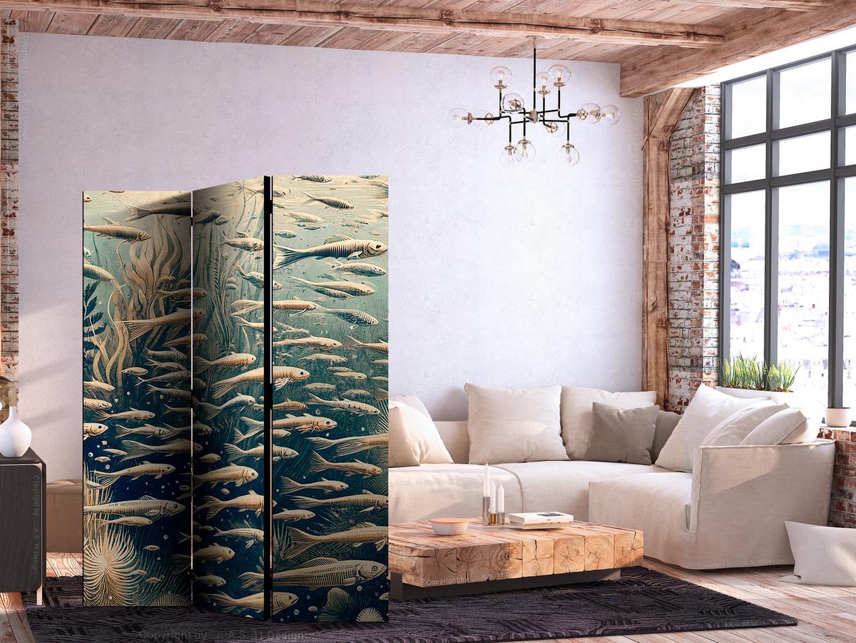 PARAVENT Akustik 3-tlg 135x172 cm Fische Im Ozean Boho - Beige, Holz/Textil (135/172/3cm) - Muralo
