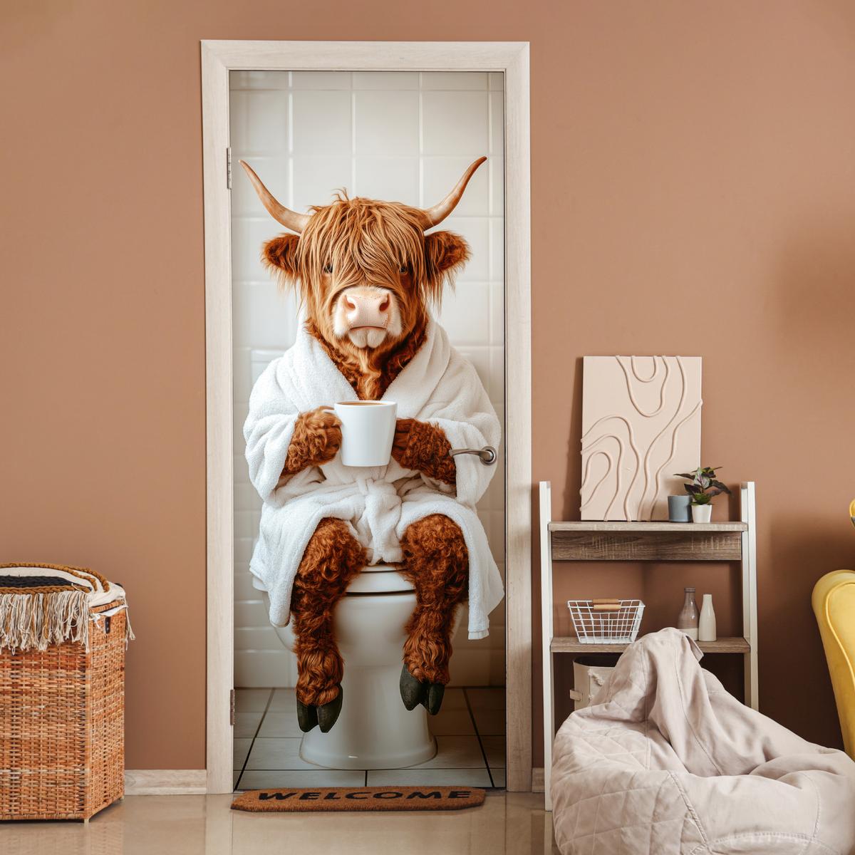 TÜRAUFKLEBER Schottischer Highlander - WC - Bademantel - Modern - Tiere 90x235 cm - Türtapete - Kastanienfarben, Kunststoff (90/0.1cm) - MuchoWow