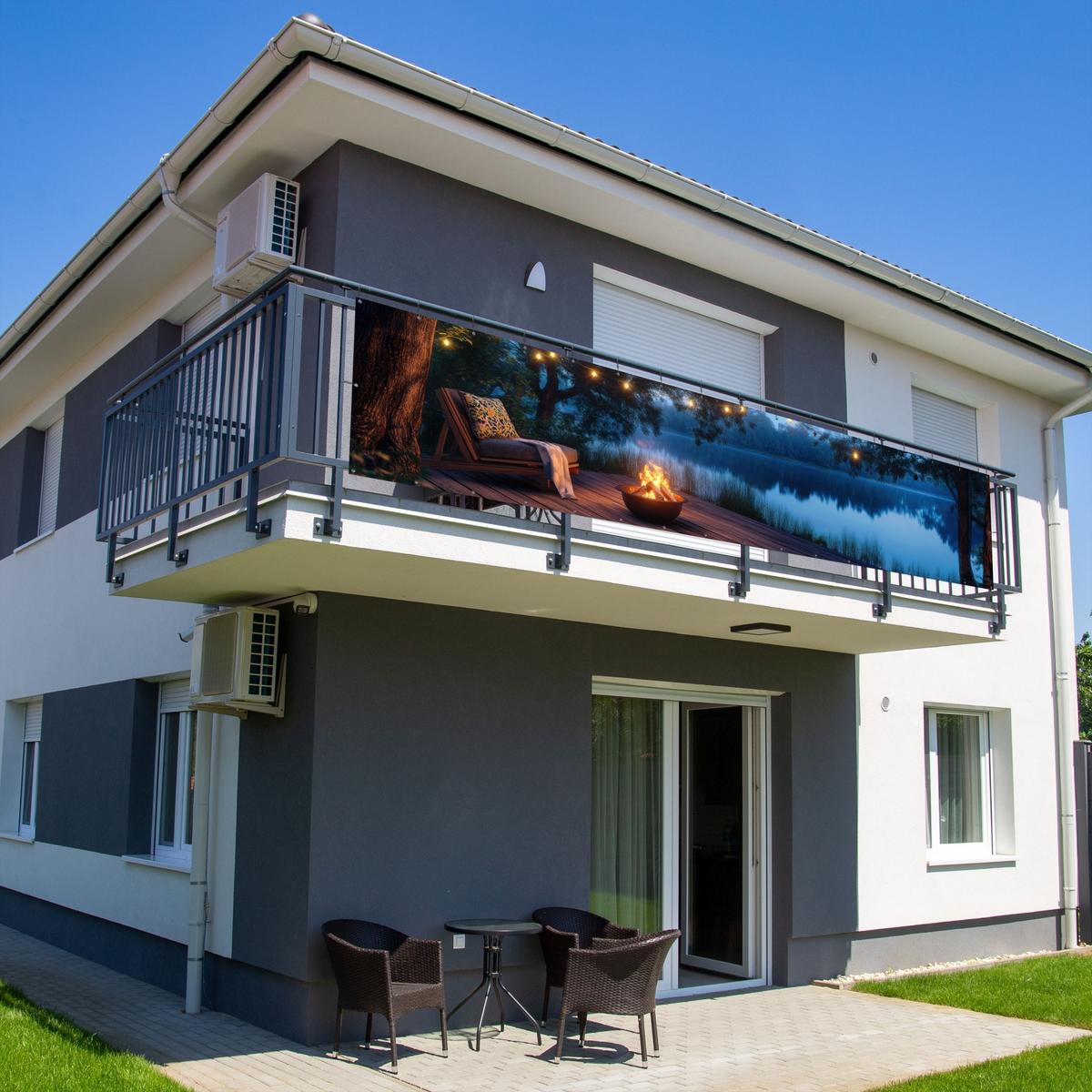 BALKON-SICHTSCHUTZ Lagerfeuer - See - Abendlicht Deko XXL 500x110 cm - Dunkelblau, Kunststoff (500/110cm) - MuchoWow