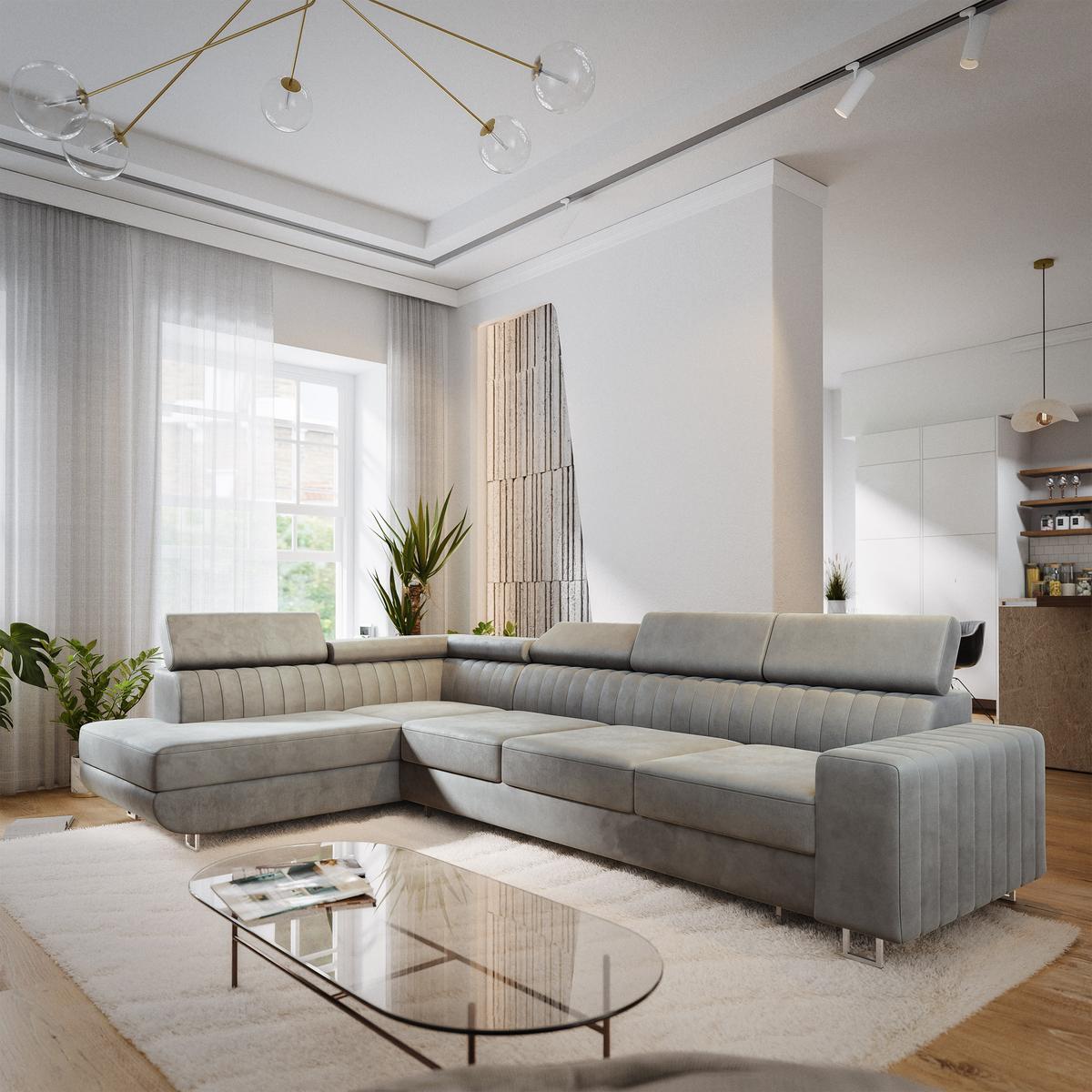 ECKSOFA HESTION Hellgrau Velours-Stoff mit Schlaffunktion - Hellgrau, Holz (332/190cm) - MASSENO