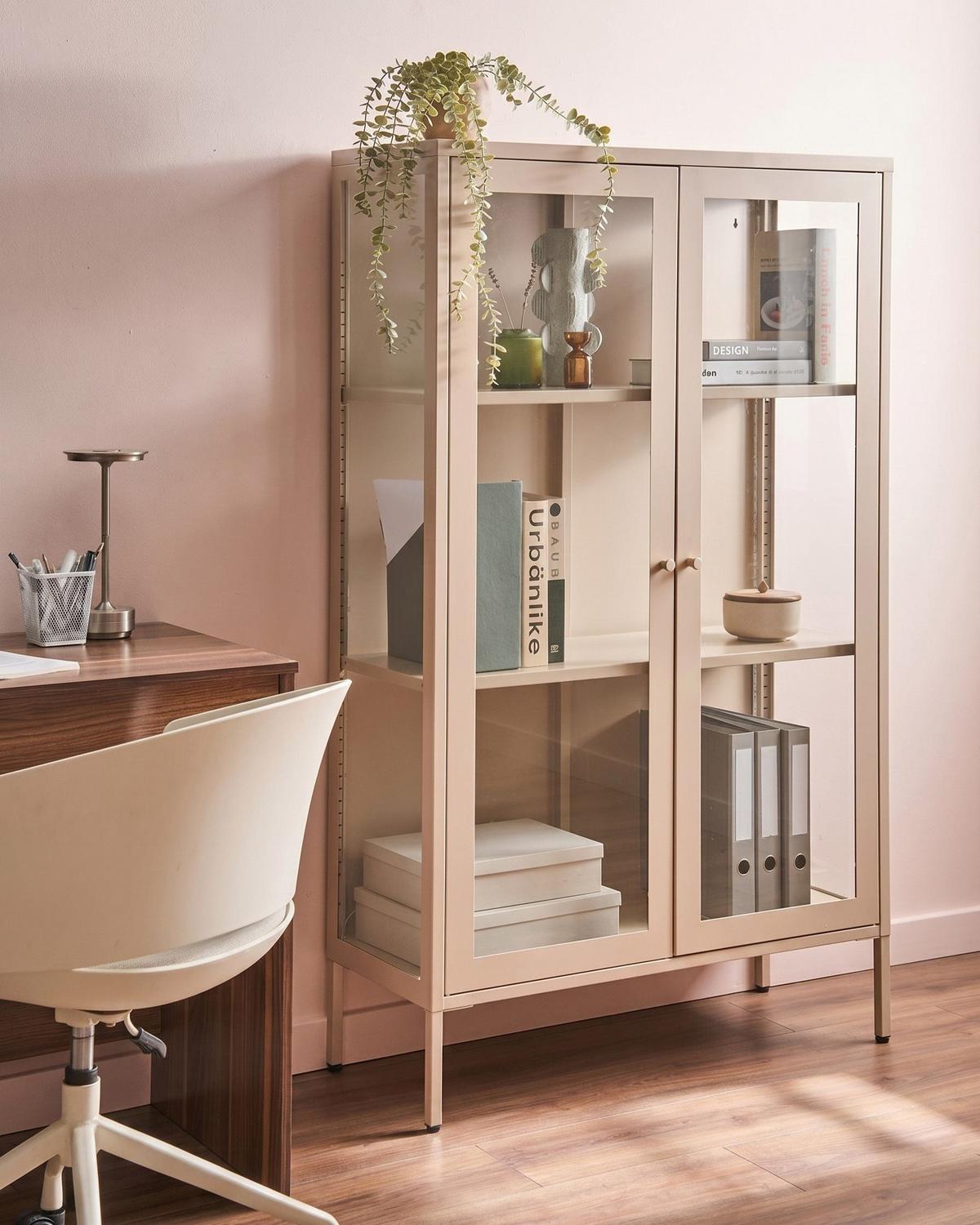 VITRINE mit Glastüren Metall 90 cm Beige Nash - Beige, Metall (90/150/35cm) - Beliani
