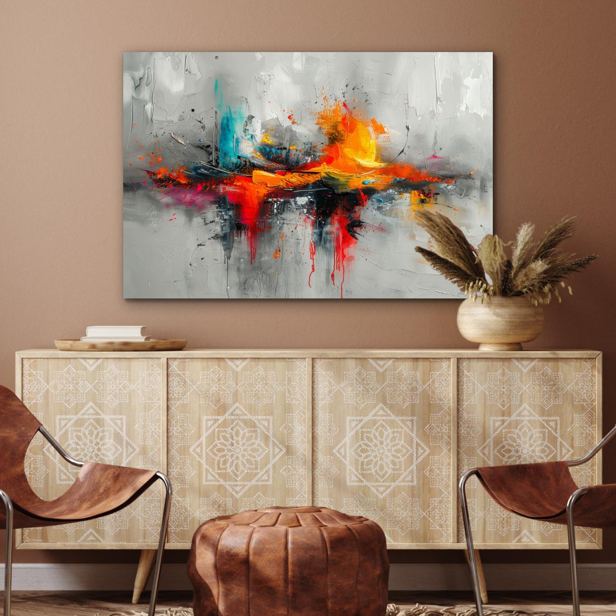 METALLBILD Moderne Kunst - Orange - Grau - Abstrakt Wanddeko 90x60 cm - Hellgrau, Metall (90/60cm) - MuchoWow
