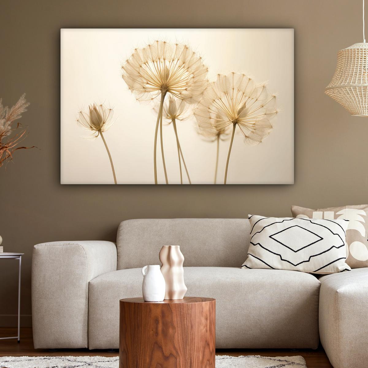 LEINWANDBILD Sonnenlicht - Löwenzahn - Botanisch - Blumen Groß 140x90 cm - Creme, Textil (140/90cm) - MuchoWow