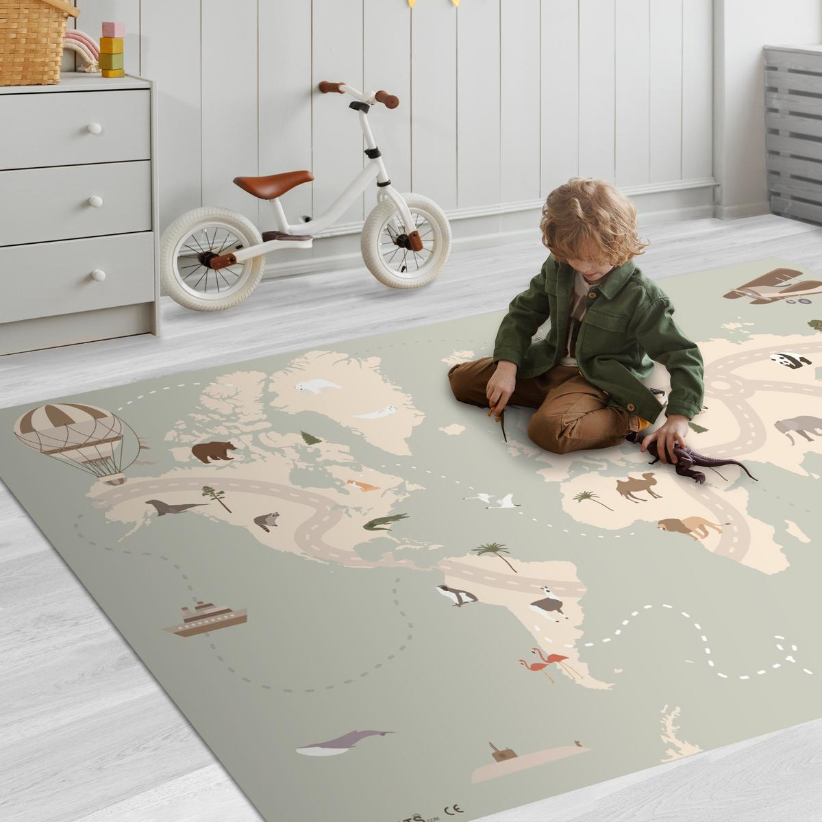 KINDERTEPPICH Weltkarte - Tiere - Flugzeug - Kind - Heißluftballon Spielteppich 180x120 cm - Salbeigrün, Kunststoff (180/0.3cm) - OnlyWow
