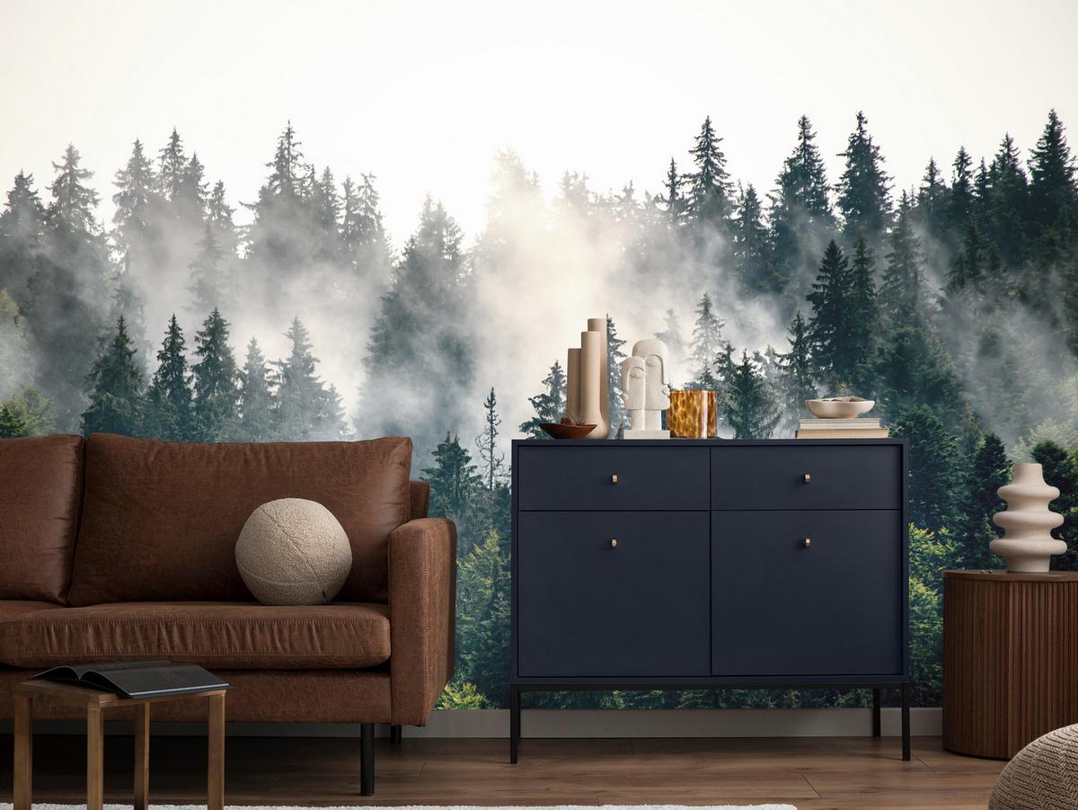 FOTOTAPETE für Wohnzimmer Nebeliger Nadelwald Berg Mystik Bäume 200x140 - Weiß/Grün, Papier (200/140cm) - Muralo