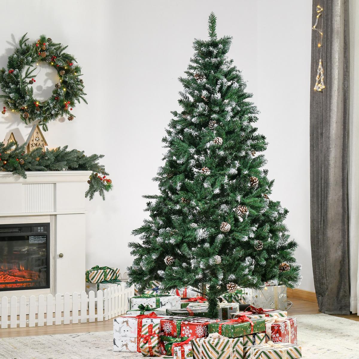 KÜNSTLICHER-WEIHNACHTSBAUM 180 cm Kieferbaum künstlich mit 59 Zapfen, Schnee - Grün, Kunststoff (180cm) - HOMCOM