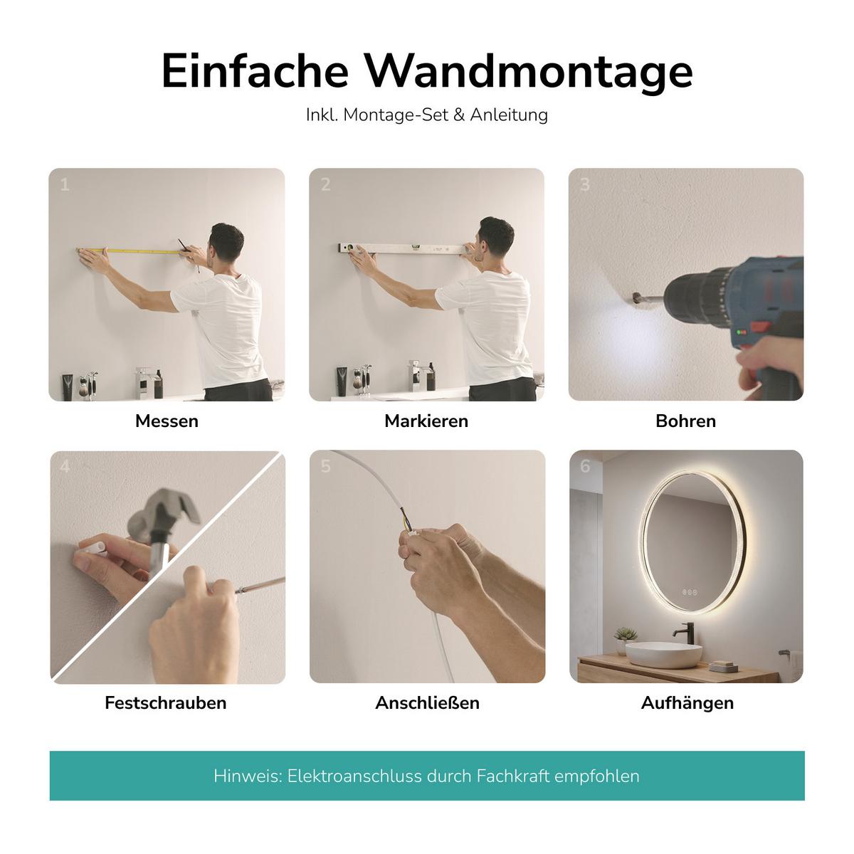 BADSPIEGEL Rund mit LED-Beleuchtung Ø 60 cm, schwarzer Rahmen, 3 Lichtfarben, beschlagfrei - Schwarz, Glas (60/60/4.3cm) - EMKE