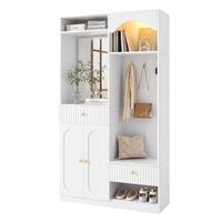GARDEROBE 100cm Weiß mit LED, Spiegel, Schuhschrank & Sitzbank - Weiß, Holzwerkstoff (100/180/35cm) - Urban Meuble