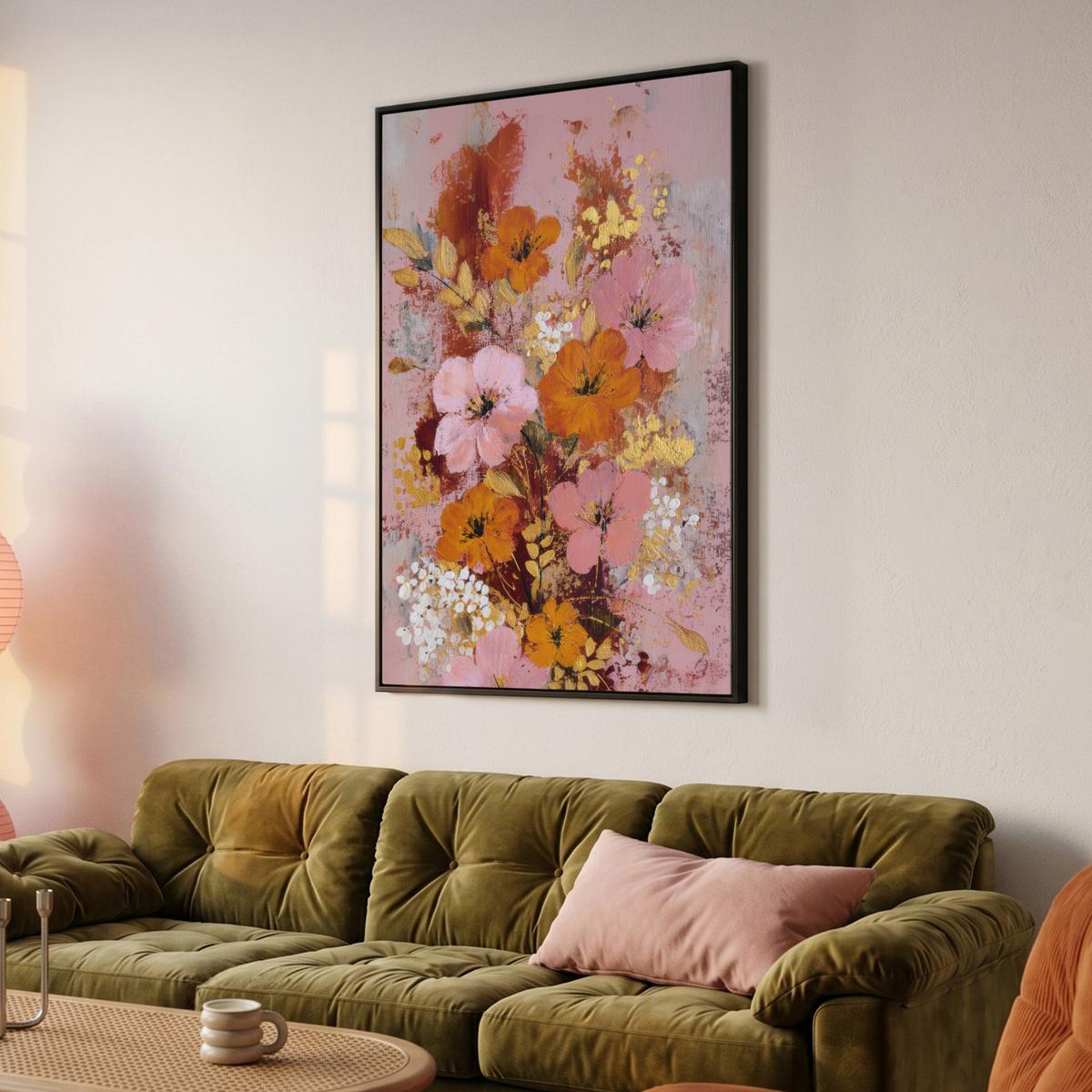 LEINWAND Bilder mit Rahmen - Malerei - Blumen - Rustikal - Rosa - 80x120 - Altrosa, Textil (80/120cm) - MuchoWow