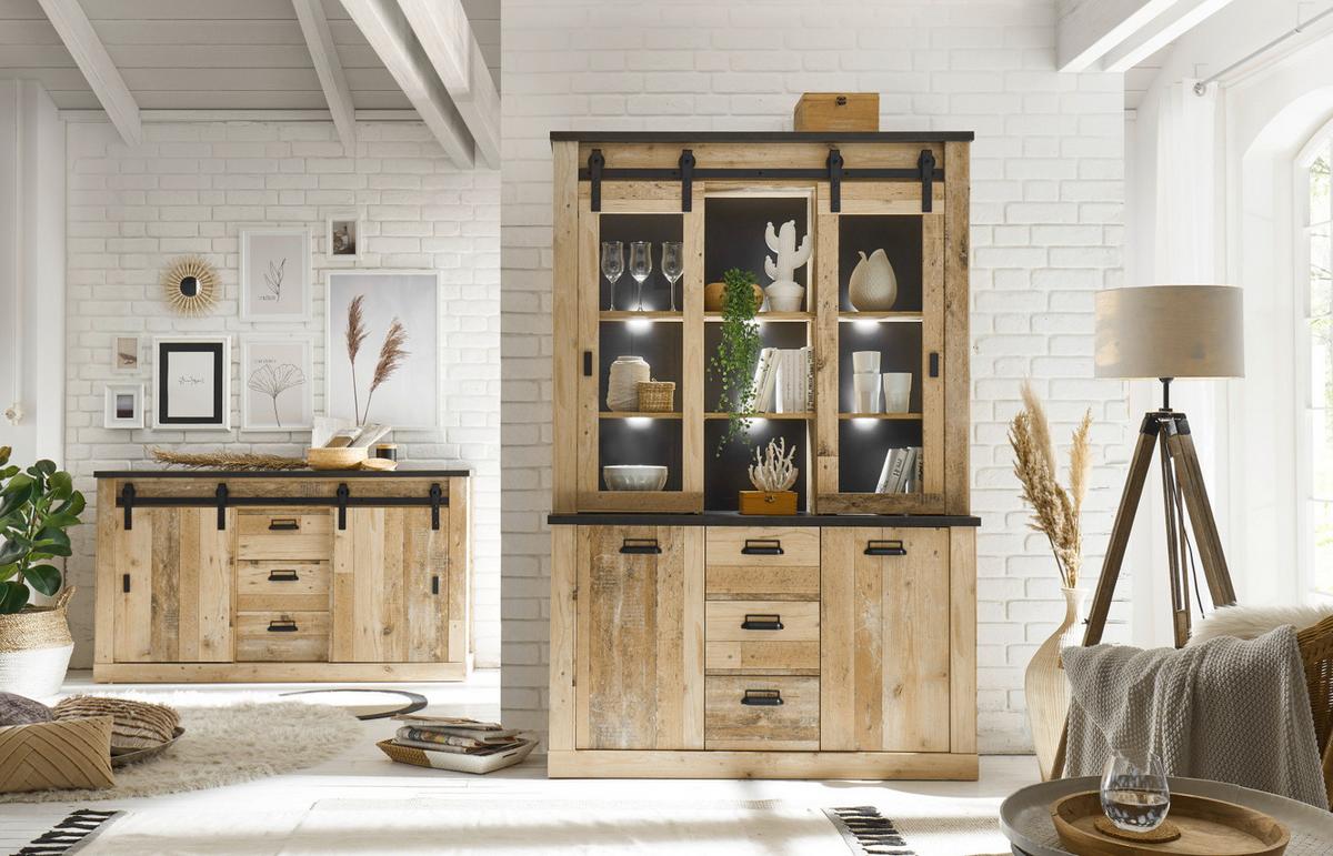 ESSZIMMER-SET Esszimmer Set, Used Wood hell, anthrazit, Wohnkombination 2-teilig mit Buffetschrank Sideboard - Eichefarben/Anthrazit, Holzwerkstoff/Metall (315/201/43cm) - Furn.Design