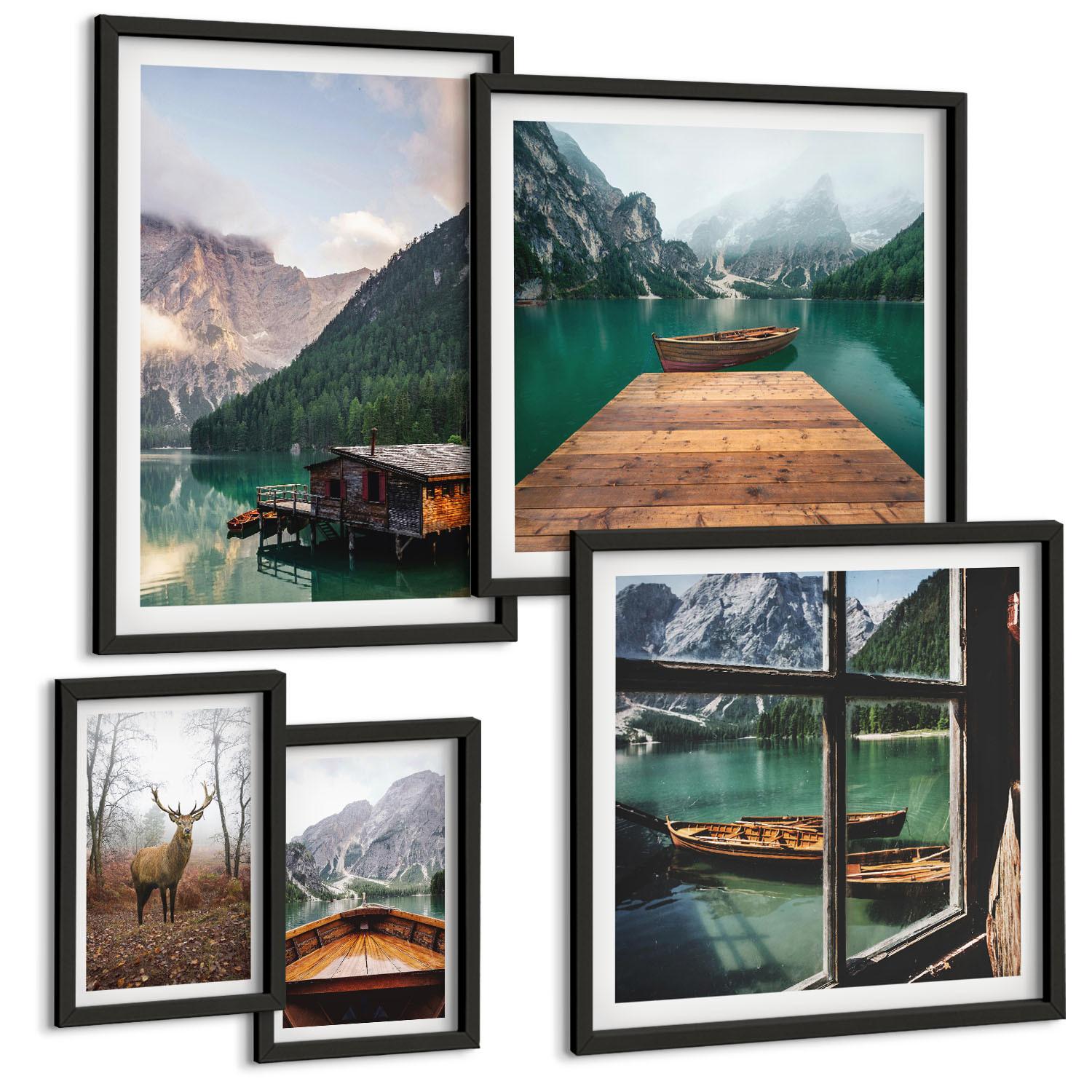 BILDER SET 5er Set - 50x50 cm & 20x30 cm & 40x60 cm Schwarzer Rahmen - Berglandschaften, Ferienhäuser, Boote - Schwarz, Kunststoff (40/60cm) - TULUP