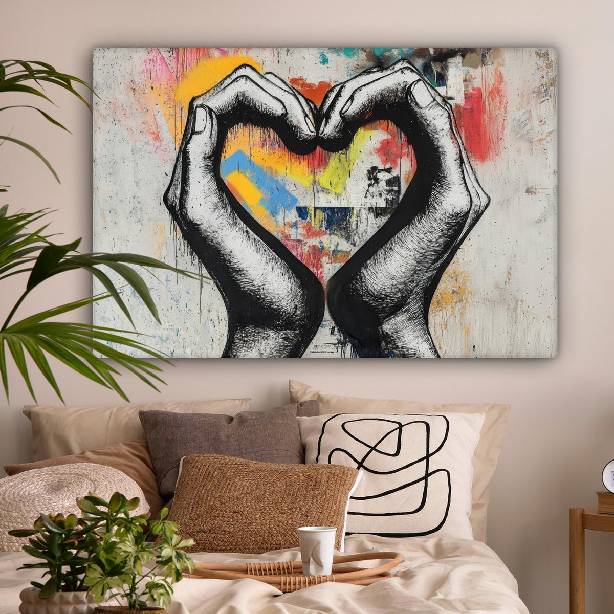 LEINWANDBILD Hände - Herz - Straßenkunst - Graffiti Wohnzimmer Groß 120x80 cm - Multicolor, Textil (120/80cm) - MuchoWow