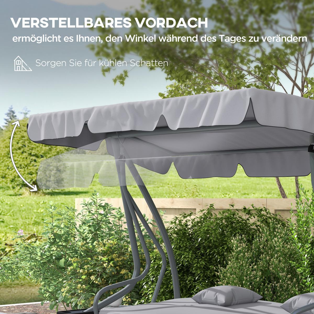 HOLLYWOODSCHAUKEL 3-Sitzer Gartenschaukel mit Verstellbarem Dach Kissen Hellgrau - Grau, Metall (120/164/200cm) - Outsunny