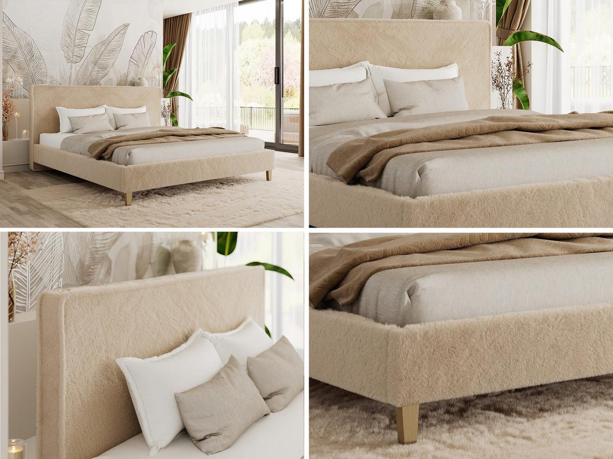 POLSTERBETT LUMARO CLASSIC 140/200 - Beige Plüsch - Matratze Pocket - Beige/Kernbuche, Holz/Textil (140/200cm) - MKS