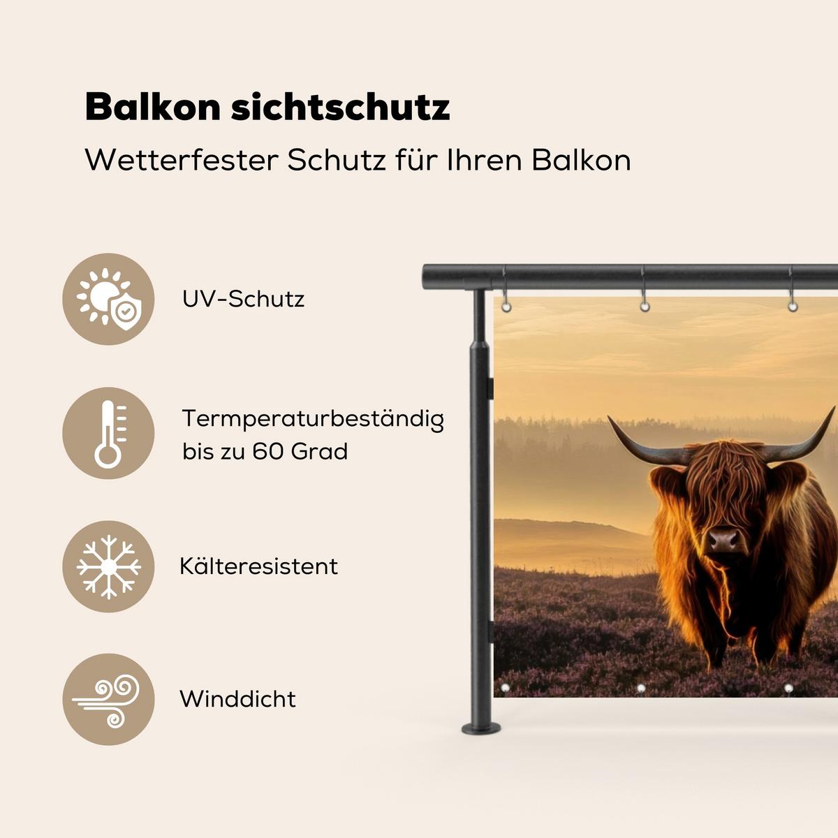 BALKON-SICHTSCHUTZ Schottische Hochlandbewohner - Heide - Landschaft - Tiere Balkon Deko 300x110 cm - Cognac, Kunststoff (300/110cm) - MuchoWow