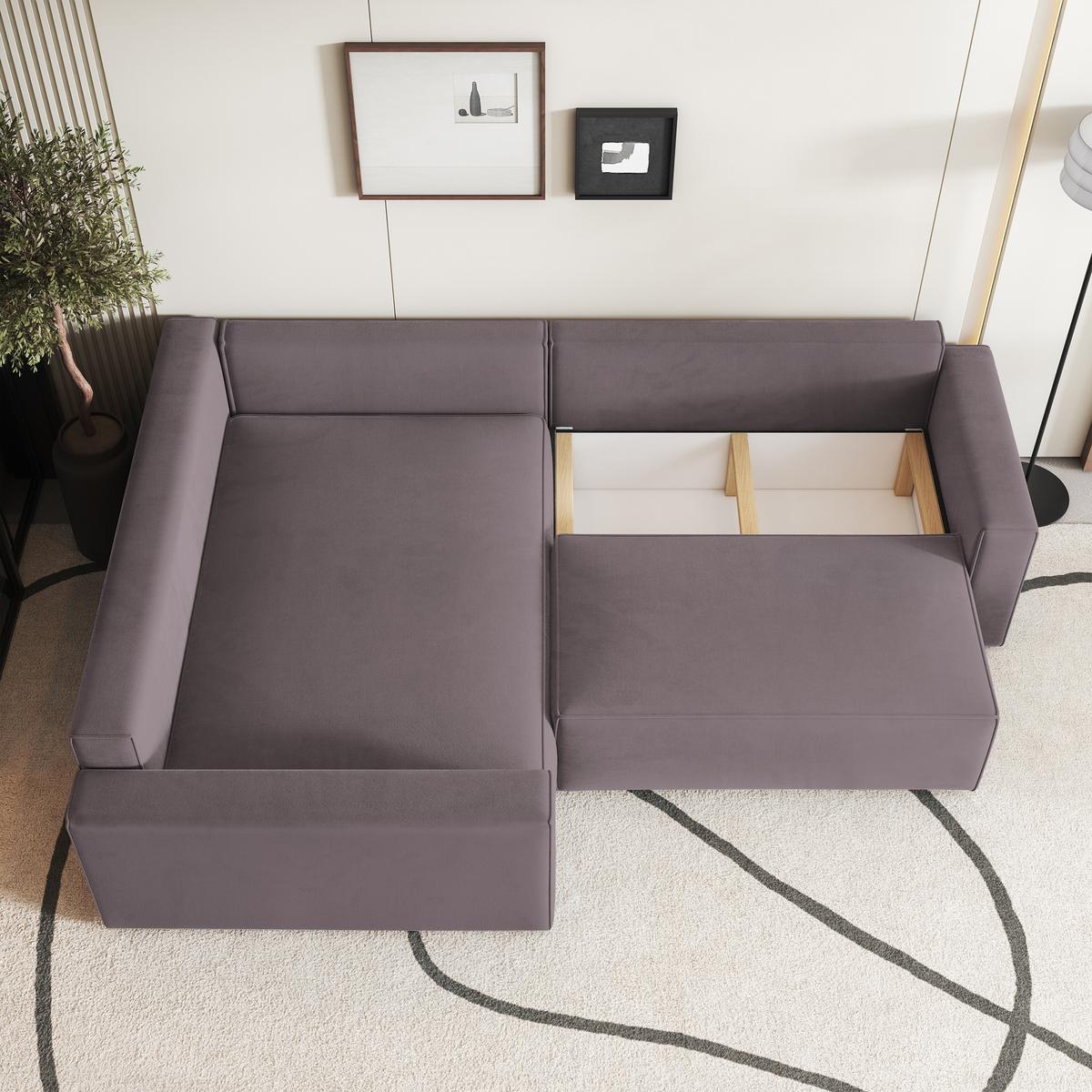 ECKSOFA ERONIS L-S Lila Velours-Stoff mit Schlaffunktion - Lila, Holz (265/194cm) - MASSENO