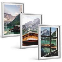 BILDER SET 3er Set - 40x60 cm Silberner Rahmen - Hütten am Bergsee Łódź - Silberfarben, Kunststoff (40/60cm) - TULUP