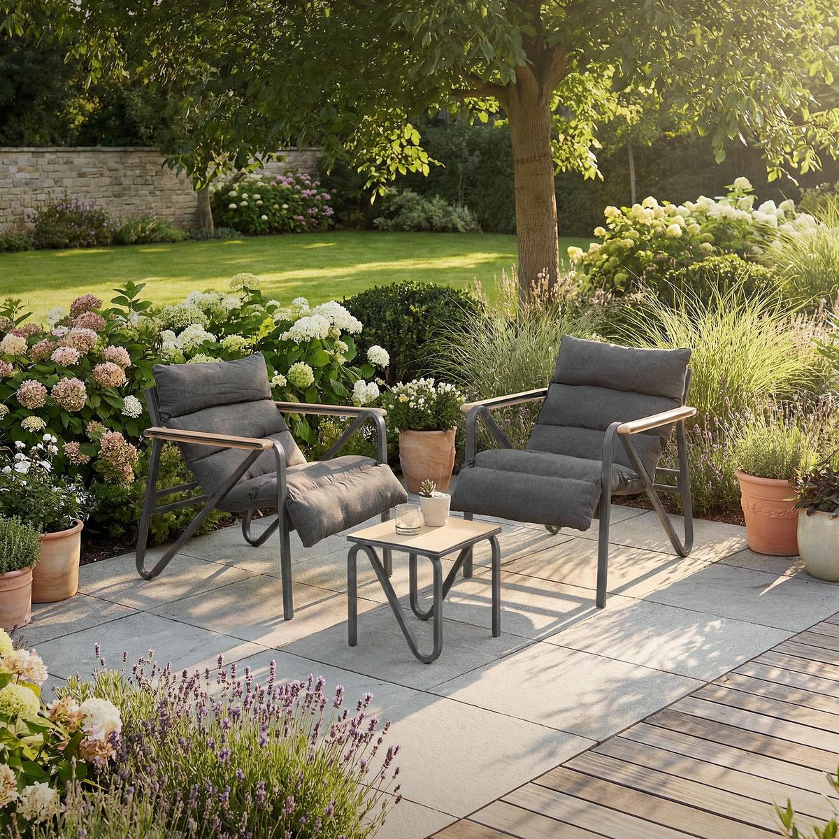 GARTENMÖBEL Set 3 tlg Anthrazit-Grau mit Stahlgestell - Anthrazit/Braun, Textil/Metall - ML-DESIGN