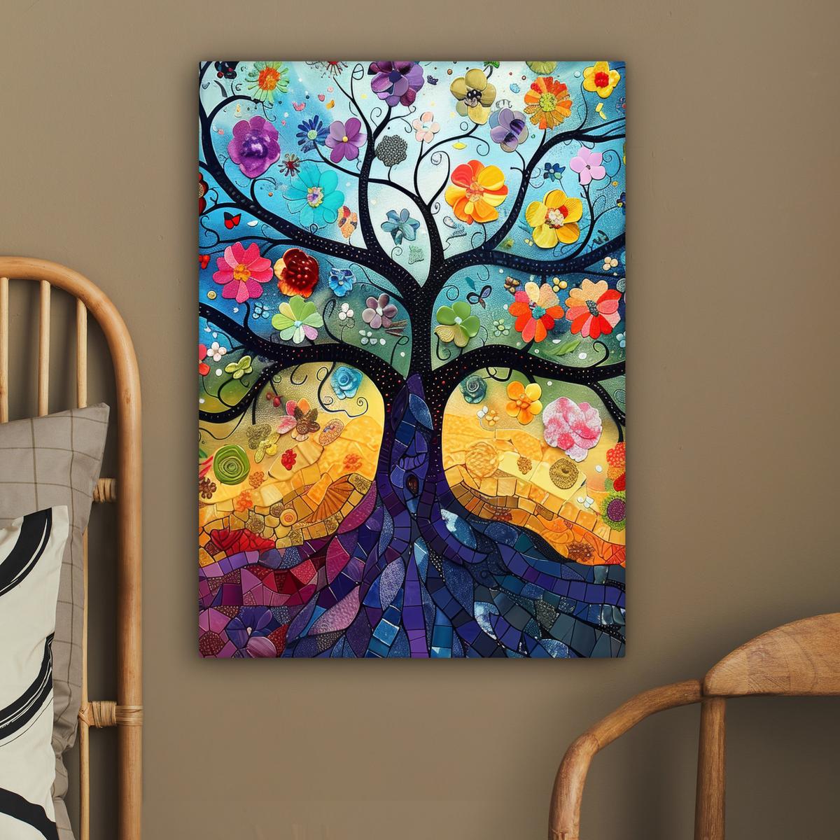 LEINWANDBILD Kunst - Baum des Lebens - Blumen - Hippie Wandbild Wohnzimmer 60x80 cm - Dunkelblau, Textil (60/80cm) - MuchoWow