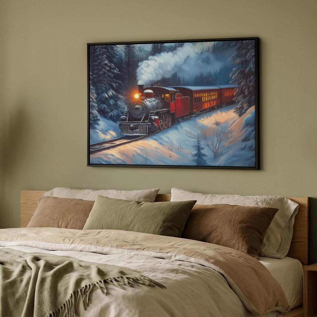 LEINWAND Bilder mit Rahmen - Zug - Weihnachten - Schnee - Weihnachtszug - 100x70 - Anthrazit, Textil (100/70cm) - MuchoWow