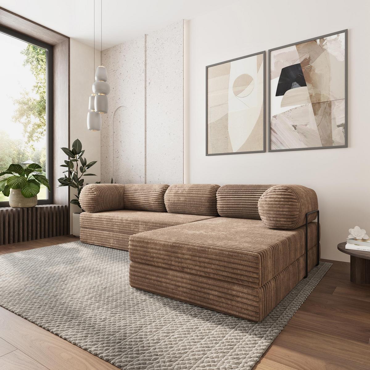 ECKSOFA ETERA modulares Boneless Sofa mit Schlaffunktion Beige Kordstoff - Beige, Textil (270/160cm) - MASSENO