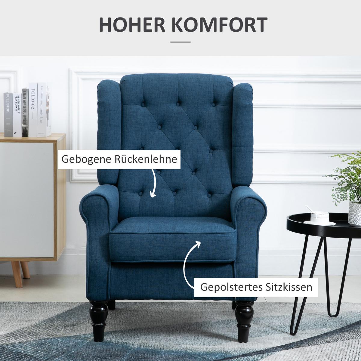OHRENSESSEL Gepolstert Sessel mit Tufting, hoher Rückenlehne bis 160 kg, Blau - Blau/Schwarz, Holz/Textil (86/102/74cm) - HOMCOM
