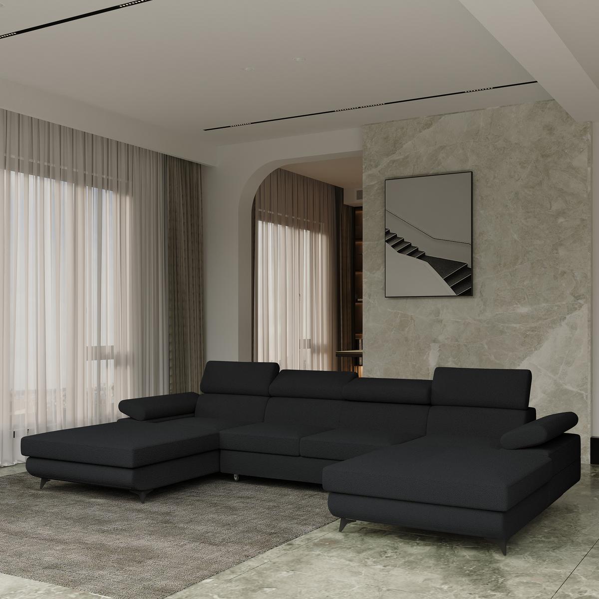 WOHNLANDSCHAFT DETTI Schwarz Boucle-Stoff mit Schlaffunktion - Schwarz, Holz (339/89/190cm) - MASSENO