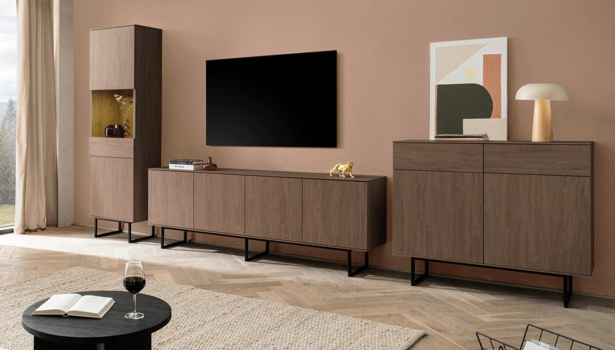 WOHNWAND in Nussbaum 3-teilig 400 cm, Komplett-Set mit Push-to-Open - Nussbaumfarben/Schwarz, Glas/Holzwerkstoff (400/200/40cm) - Furn.Design
