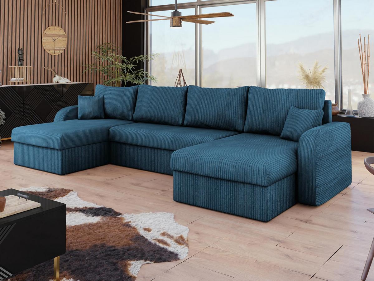 WOHNLANDSCHAFT Kris U Cord - Blau/Schwarz, Holz/Kunststoff (304/80/140cm) - MIRJAN24