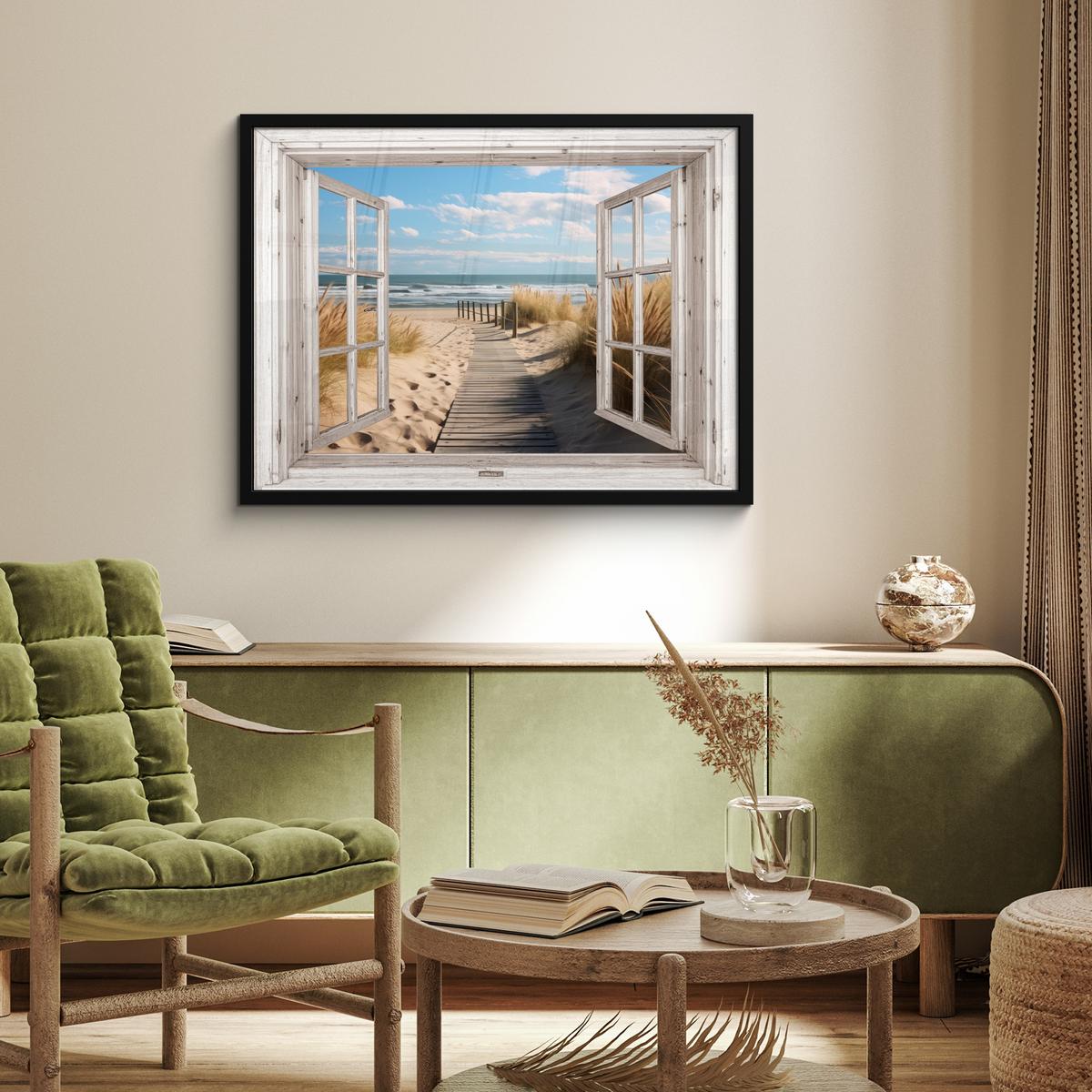 POSTER MIT RAHMENGERAHMTES BILD Fenster - Meer - Küste - Natur - Ausblick - Strand - Wattenmeer 80x60 cm - Beige, Papier (80/60cm) - MuchoWow
