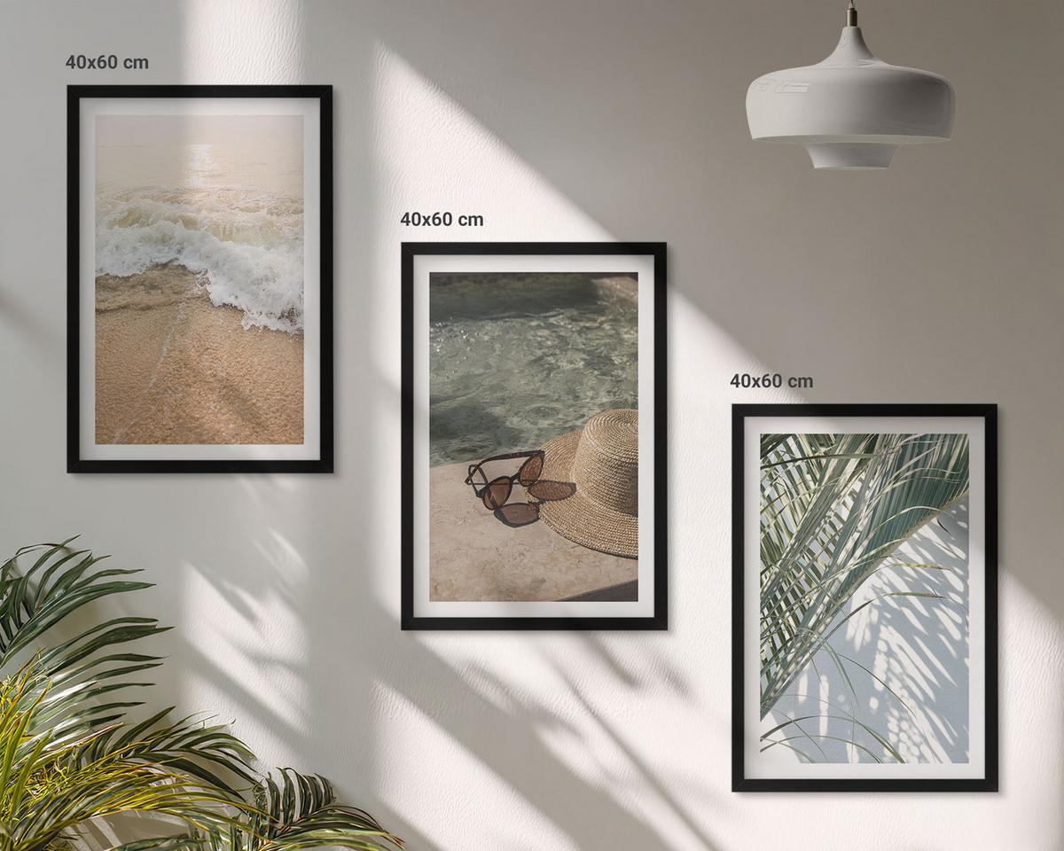 BILDER SET 3er Set - 40x60 cm Schwarzer Rahmen - Strandhut und Sonnenbrille - Schwarz, Kunststoff (40/60cm) - TULUP