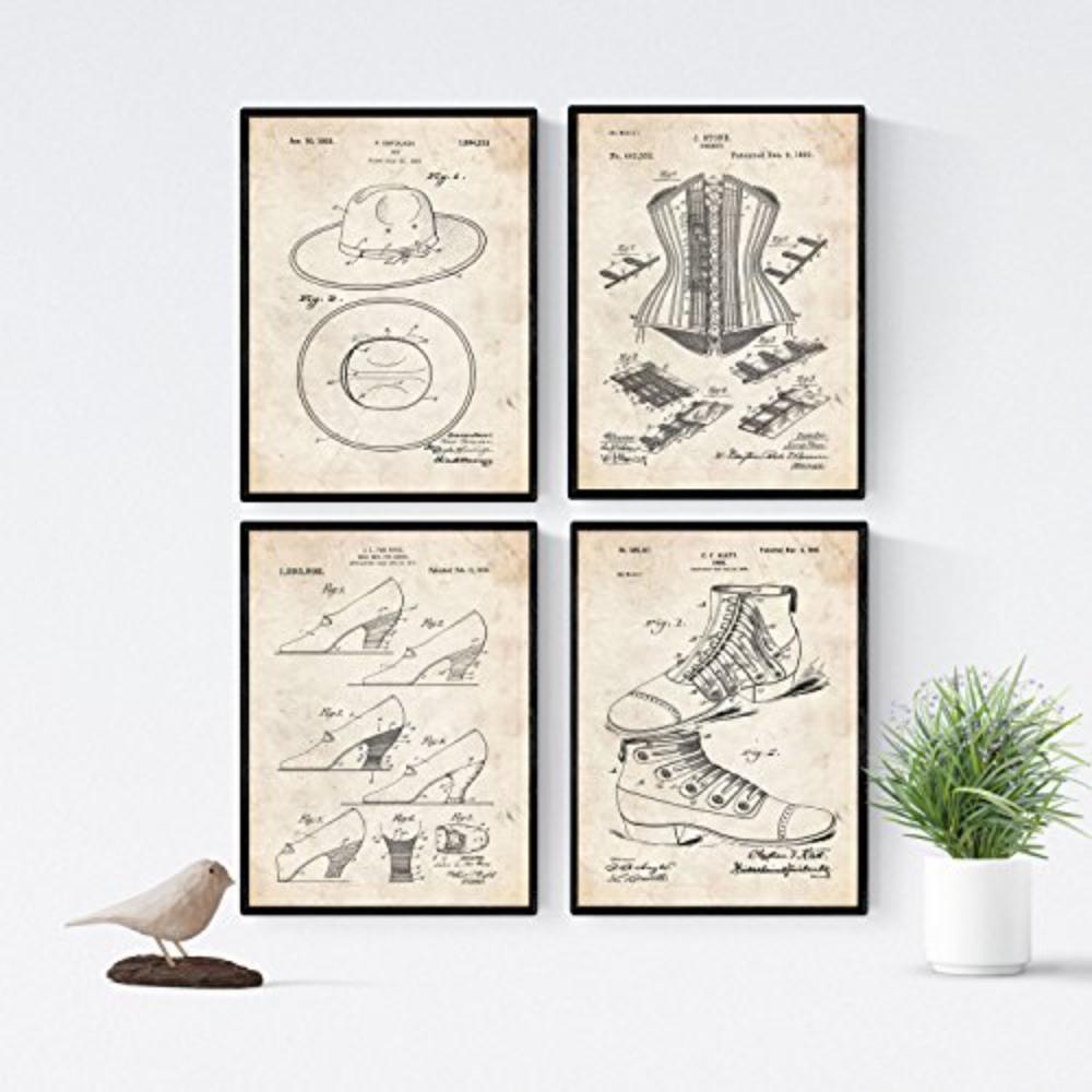 POSTER Set mit 4 Jahrgang Mode Patenten A4 Schwarzer Rahmen - Schwarz, Papier (29.7/3cm) - Nacnic