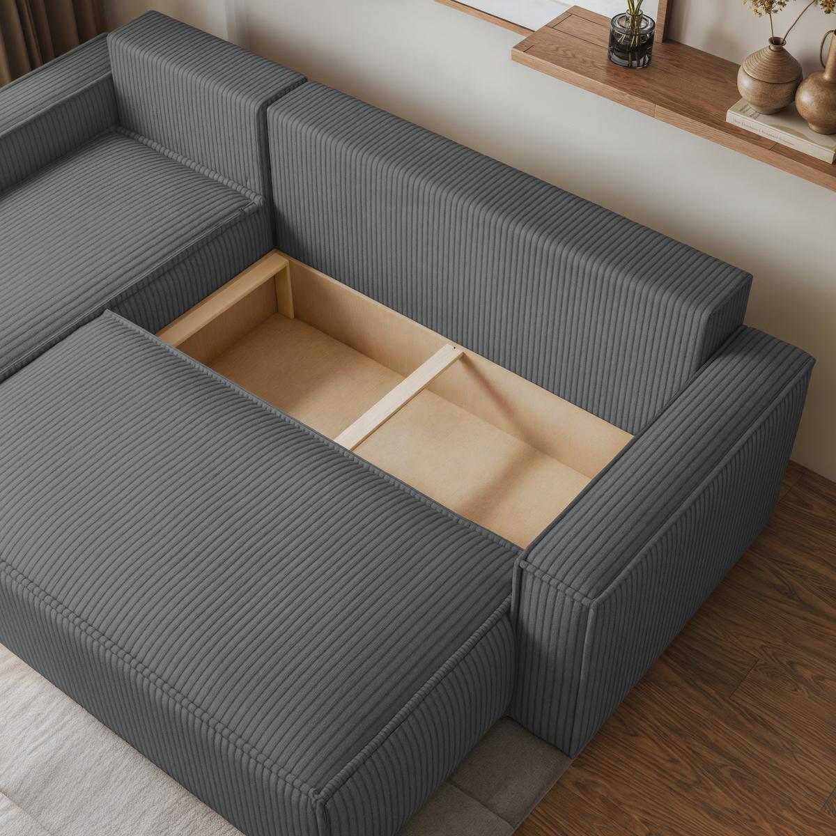 ECKSOFA RAVELO P Grau Kordstoff mit Schlaffunktion - Grau, Holz/Kunststoff (240/140cm) - MASSENO